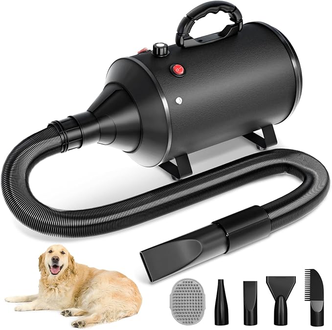 High Velocity Blow Dryer For Dogs, 5.2HP/ 3800W Dog Hair Dryer Speed Temperature Adjustable，Dog Blow Dryer with Thickened Handle,Low Noise Dog Blower Grooming Dryer，4 Nozzles ,1 Massage Brush,Black