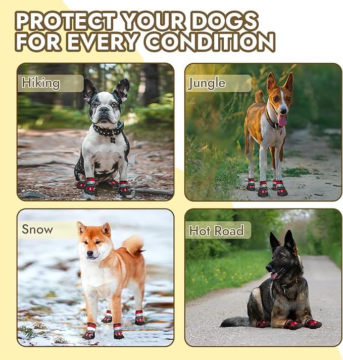 Dog Shoes, 4 PCS Dogs Booties Hot Pavement, Waterproof Non-Slip with Reflective Strips, Large Medium Small Puppy Paw Protector for Walking