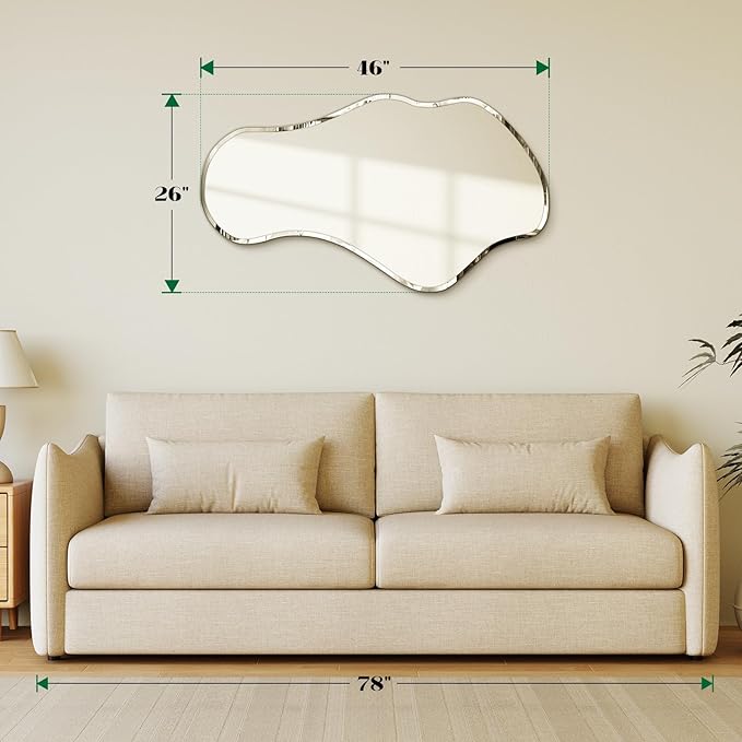 Irregular Wall Mirror, 26”x46” Frameless Asymmetrical Mirror, Beveled Frameless Funky Wavy Wall Mirrors for Entry Way Modern Bathroom Bedroom Living Room