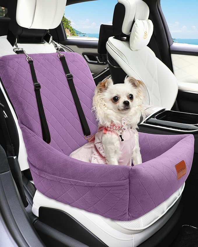 Dog Car Seat,Pet Booste Bed with Seatbelt,Washable Dog Car Travel Bed Easy to Assemble, Clip-On Safety Leash and Storage Pocket (Purple)