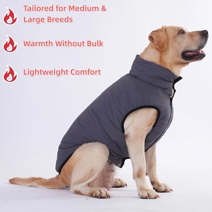 LovinPet Reversible Dog Puffer Coat for Medium & Large Dogs, Down‑Insulated Winter Jacket, Water‑Resistant & Wind‑Resistant, Anti‑Static, Dual-Sided Black & Grey for Cold Weather,3XL