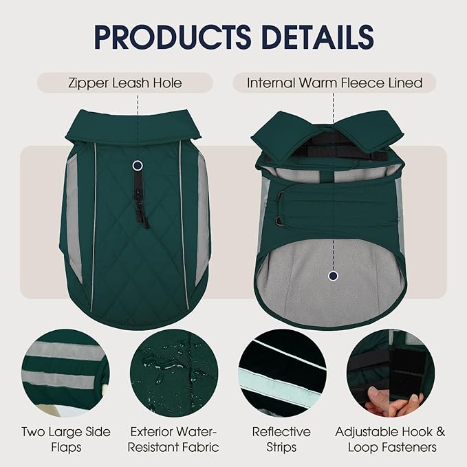 IECOii Dog Jacket - Reflective Winter Warm Coats Waterproof Dogs Vest Jacket Adjustable Cold Weather Coats with Fleece Lined, Snow & Rain Vests for Large Pets, German & Shepherd, Green, Sizes 2XL