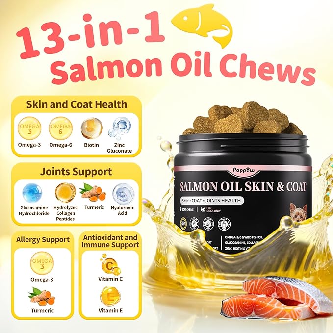Salmon Oil for Dogs Skin & Coat, 13 in 1 Wild Alaskan Fish Oil for Dogs - Omega 3 EPA & DHA & ALA Fatty Acids, Dog Allergy Relief Chews, Joint & Immune Support, 90 Count, Chicken Flavor, Soft Chews