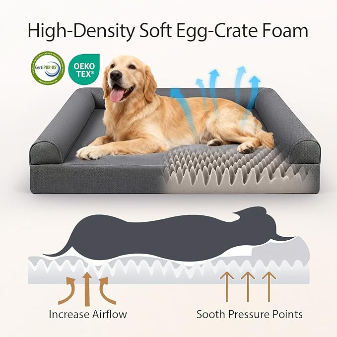 Sytopia 42" Orthopedic Dog Bed for Large Dogs, Waterproof Egg Crate Foam XL Pet Bed with Removable Washable Cover, Non-Slip Bottom, Supports up to 100 lbs for Senior Pets, Dark Gray
