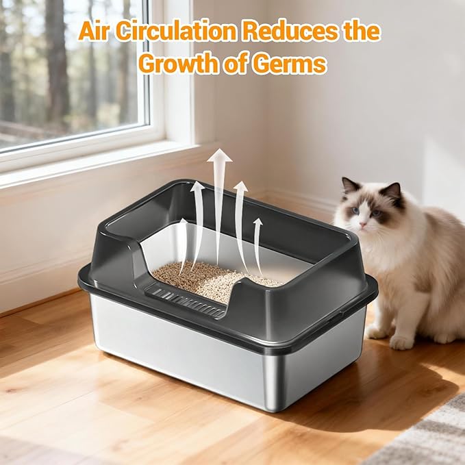 Enclosed Stainless Steel Cat Litter Box with Lid, XL Extra Large Litter Box for Big Cats, Metal Litter Pan High Sided, Never Absorbs Odors, Anti-Urine Leakage, Easy Cleaning, Include Scoop