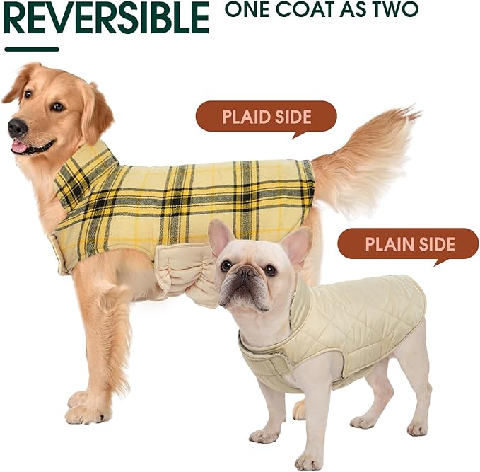 Kuoser Warm Dog Coat, Waterproof Dog Jacket for Extra Large Dogs, Adjustable Durable XXL Doggie Winter Coat Reversible Puppy Cold Weather Apparel from Small to Large Breed, Yellow XXL