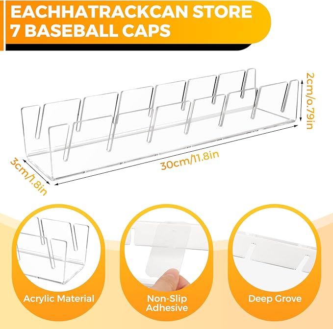 Clear Acrylic Hat Stand for Baseball Caps – 28-Cap Easy Setup Organizer for Bedroom, Closet, Dresser, Countertop, Display and Storage for Baseball Caps, Sports Hats, and Collectibles (4-Pack)