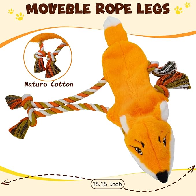 Dog Squeaky Toys, No Stuffing 3-Pack Toys, Rope to Keep Puppy Busy, Perfect for Tug of War Game, Animal Shapes Dog Toys Bundle for Large, Medium Puppies.(Raccon, Honeybadger, Fox)