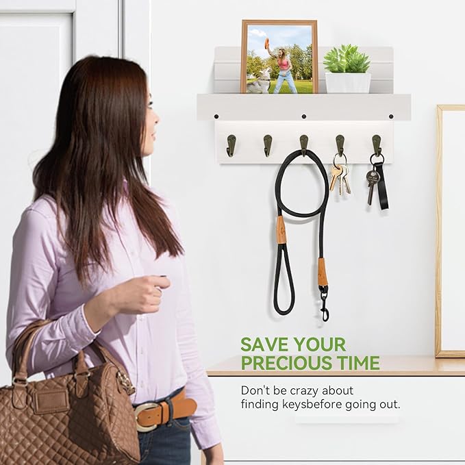 Key Holder Wall Mount, Rustic Key Hooks for Wall with Shelf for Mail Organizer, Entryway Decorative Key Rack with 5 Sturdy Hooks for Hanging Keys, Dog Leash, Sunglasses Wooden Key Hanger