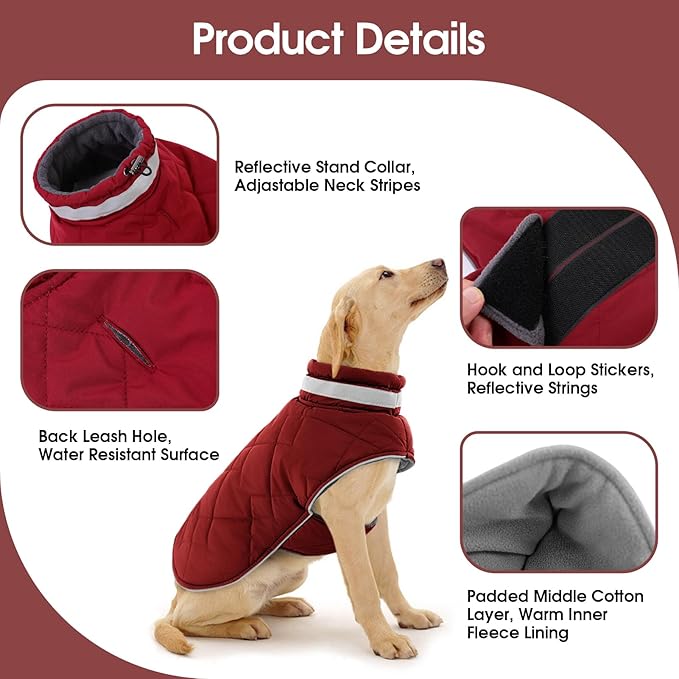 Dog Winter Coat Warm Padded Puppy Jacket Windproof Water Resistant Clothes for Small Medium Large Pets Christmas Sweater Outfit Vest(Red, S)