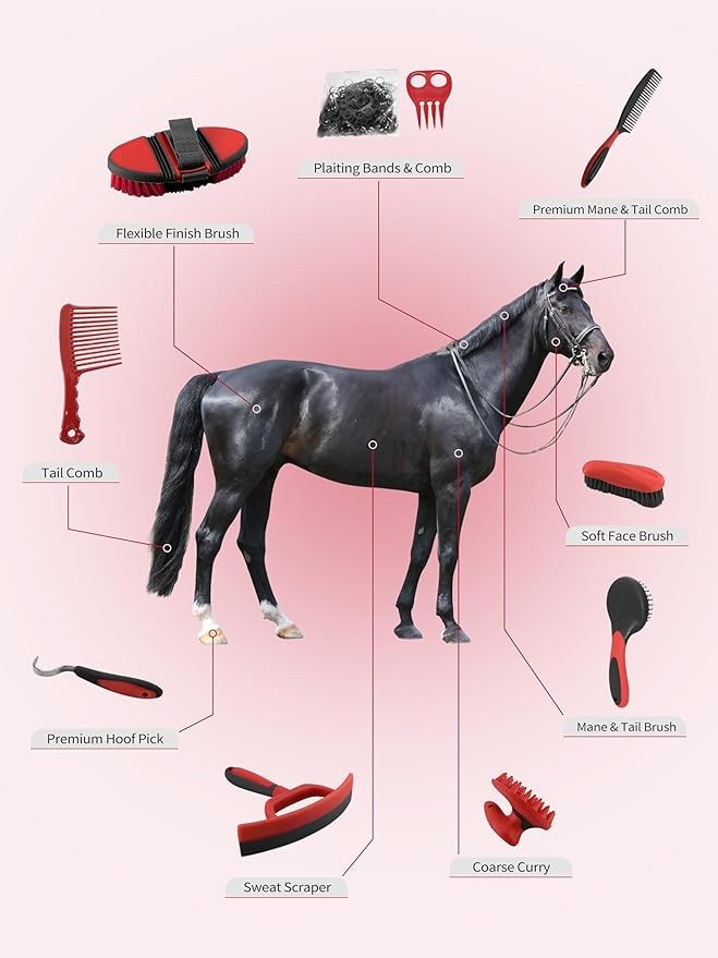 Harrison Howard Horse Grooming Kit, 9-Piece Set with Non-Slip Silicone Grip for Bathing, Shedding & Hoof Care Red