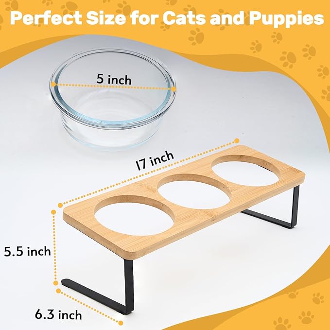 Elevated Cat Bowls, 15° Tilted Cat Food Bowl, Includes 3 Glass Bowls, Bamboo Board, and Metal Stand for Cats and Puppies