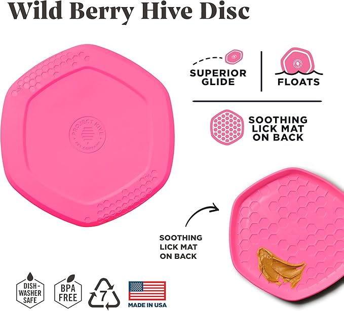 PROJECT HIVE ·PET COMPANY· - Wild Berry Scented - Hive Frisbee Disc for Dogs - Great for Fetch - Includes a Lick mat on Back - Floats in Water, Smooth Glide - Made in The USA