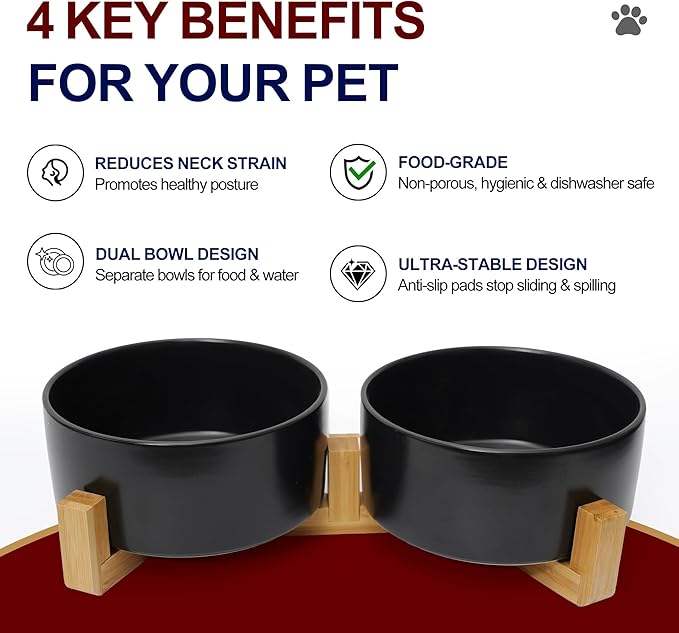 Ceramic Dog Water Bowl, 13.5 oz No Spill Water and Food Bowls for Dogs, Modern Design Dishes for Puppy & Cat, Pet Feeding Station with Weighted Base, Black