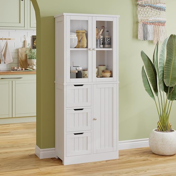 Karl home Bathroom Storage Cabinet, 58" Tall Storage Cabinet with 3 Drawers & Doors, Freestanding Kitchen Pantry for Dining Room, 2 Glass Doors, Adjustable Shelves, Living Room, White