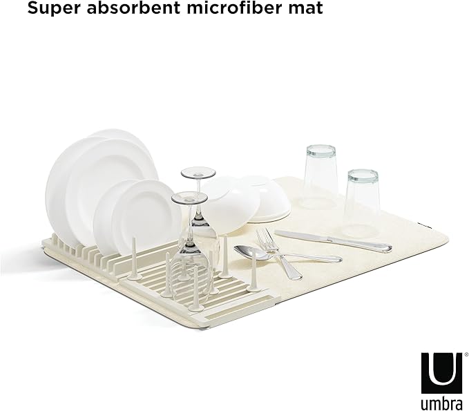 Umbra Udry Rack and Microfiber Dish Drying Mat-Space-Saving Lightweight Design Folds Up for Easy Storage, Standard, Linen