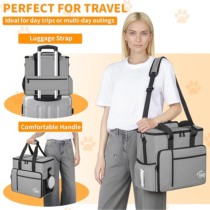 Dog Travel Bag,Large Pet Travel Bag for Supplies with 2 Food Container and Collapsible Bowls,Dog Travel Supplies Organizer Kit for Weekend,Road Trips,Camping