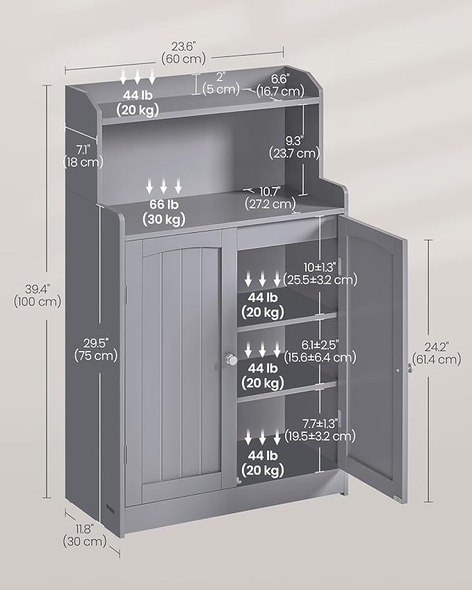 VASAGLE Bathroom Storage Cabinet, Bathroom Floor Cabinet with 2 Doors, 2 Adjustable Shelves, 11.8 x 23.6 x 39.4 Inches, Freestanding, for Dining Room, Kitchen, Living Room, Dove Gray BBC770GD01S