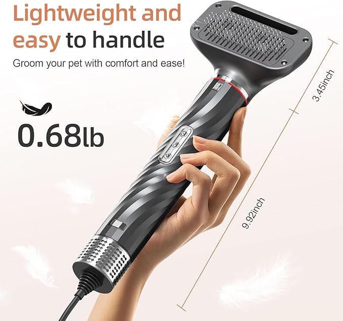 Dog Hair Dryer with Slicker Brush, High Velocity Pet Blow Dryer for Grooming, Low Heat Low Noise Dog Grooming Supplies for Home Use, Includes 4 Nozzles for Drying & Brushing, Gray