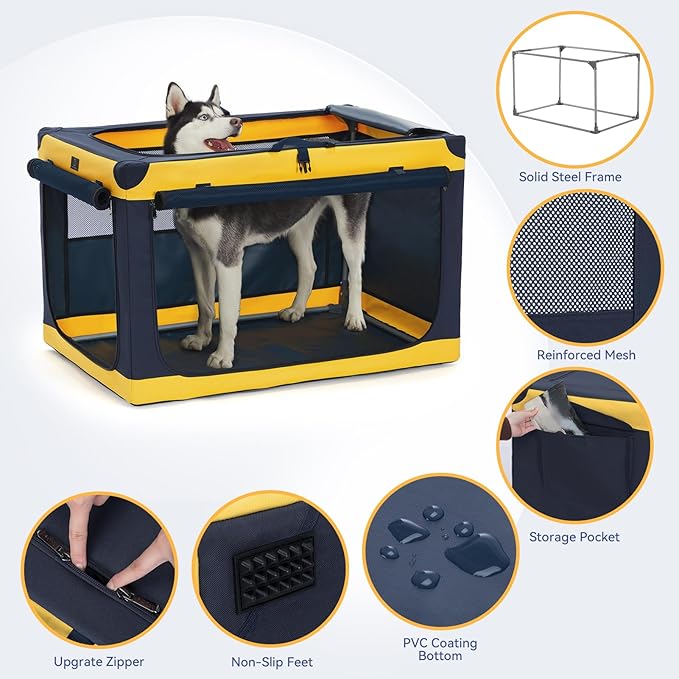 A4Pet Soft Dog Crate 36 Inch Mid Portable Collapsible Pet Travel Kennel, 3-Door Soft-Sided Lockable Zippers & Reinforced Steel Frame, Easy Setup, Mesh Panels — Ideal for SUV, Car, Camping & Home Use