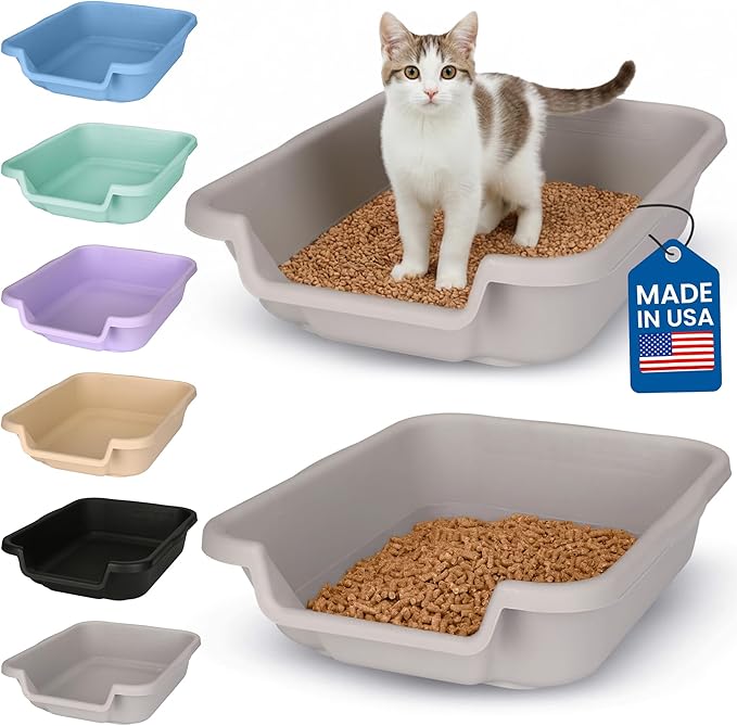 KittyGoHere Senior Cat Litter Box, Small Litter pan, Open Top Low Entrance Kitty Litter Box, Lightweight Low Entry Litters Box, Durable, Made in USA (2 Pack - Misty Gray)