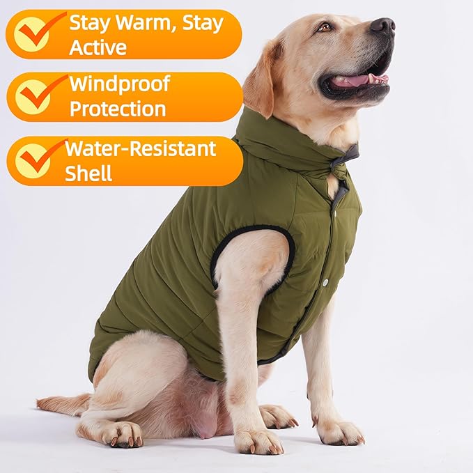 LovinPet Reversible Dog Puffer Coat for Medium & Large Dogs, Down‑Insulated Winter Jacket, Water‑Resistant & Wind‑Resistant, Anti‑Static, Dual-Sided Dark Green & Grey for Cold Weather,L