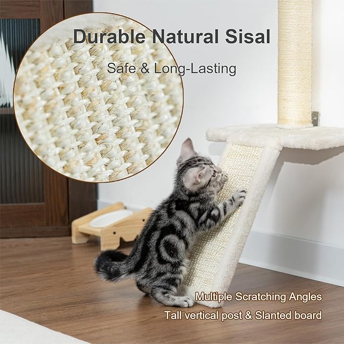 Wall-Mounted Cat Scratching Post – Space-Saving Sisal Scratcher with Ramp & Perch, Heavy-Duty Screw Mount for Stability, Protects Furniture, Ideal for Small Apartments & Large Cats, Beige
