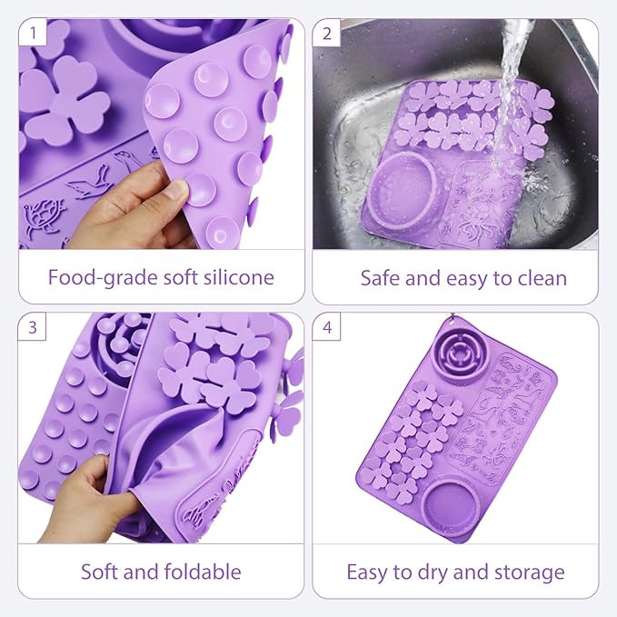 Silicone Snuffle Mat for Dogs and Cats 4 in 1 Purple - Dog Lick Mat with Slow Feeder Bowl - Reusable Pads for Pets with Suction Cups, Puzzle Toys for Bored Puppy, Collapsible Dog Water Bowl