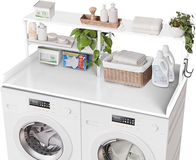 Washer and Dryer Countertop with Shelf, 2-Tier 54" x 27.5" Wood Laundry Countertop, Washer Dryer Topper with High Edge Rails and Hooks, Non-Slip Pads, Waterproof & Heat Resistant Top (White)