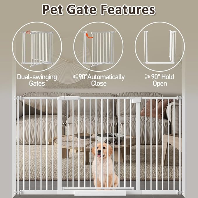 WAOWAO 1.37" Ultra Narrow Spacing Extra Wide Baby Gate 53.74-57.67" Pressure Mounted Walk Through Double Lock Swing Auto Close Safety White Metal Toddler Child Dog Pet for Indoor,Doorway,Kitchen