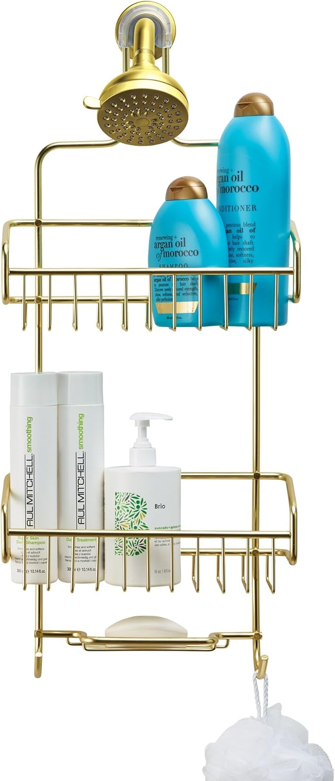 Better Houseware Over the Shower Head Caddy, Rustproof Shower Head Organizer with Hooks & Shelves, Hanging Shower Caddy for Shampoo, Conditioner & Soap, Aluminum Bathroom Rack, Gold