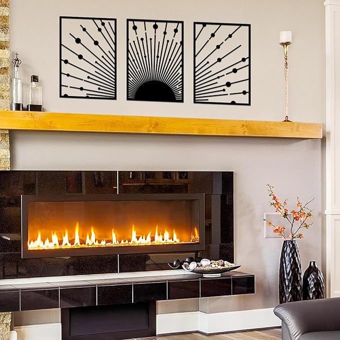 ruelen Metal Sun Wall Decor - Large Minimalist Sun Line Art Sculpture for Modern Home & Outdoor Decor, Set of 3 (40x28cm) - Nautical Black Sunshine Design