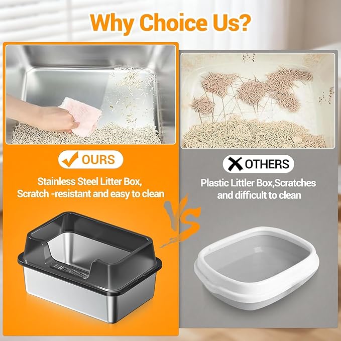 Enclosed Stainless Steel Cat Litter Box with Lid, XL Extra Large Litter Box for Big Cats, Metal Litter Pan High Sided, Never Absorbs Odors, Anti-Urine Leakage, Easy Cleaning, Include Scoop