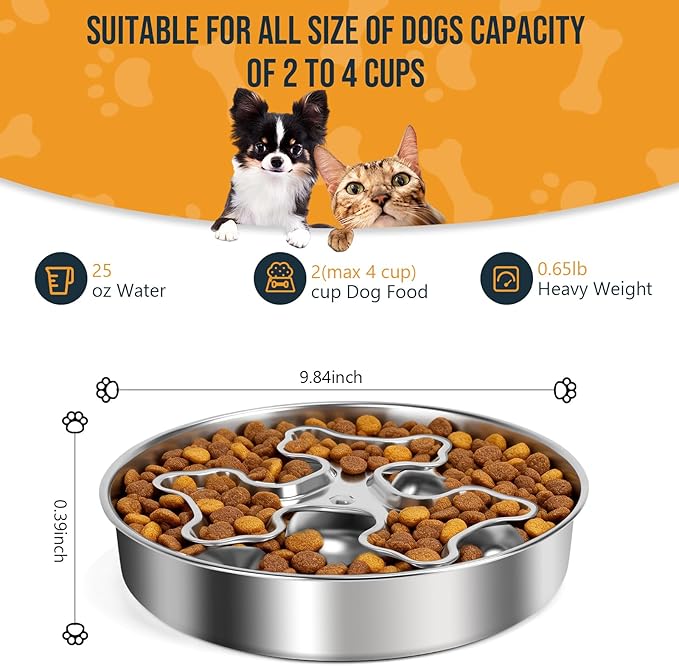 Slow Feeder Dog Bowl, Food Grade 304 Stainless Steel Dog Bowls, Heavy Duty with Non-Slip Rubber Base, 2 Cups Capacity Metal Pet Dish for Healthy Eating