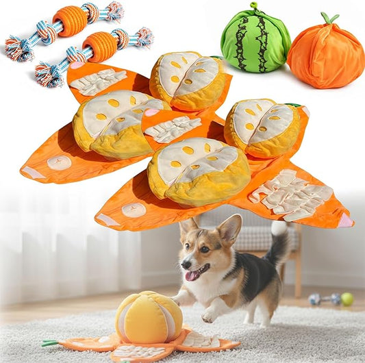 Orange Hide-and-Seek Plush Dog Toy, Watermelon Dogs Toy, 3 in 1 Interactive Snuffle Puzzle Dog Toys with Crinkle Papers for Small Medium Dogs Nosework Enrichment for Boredom Relief (2PCSB)