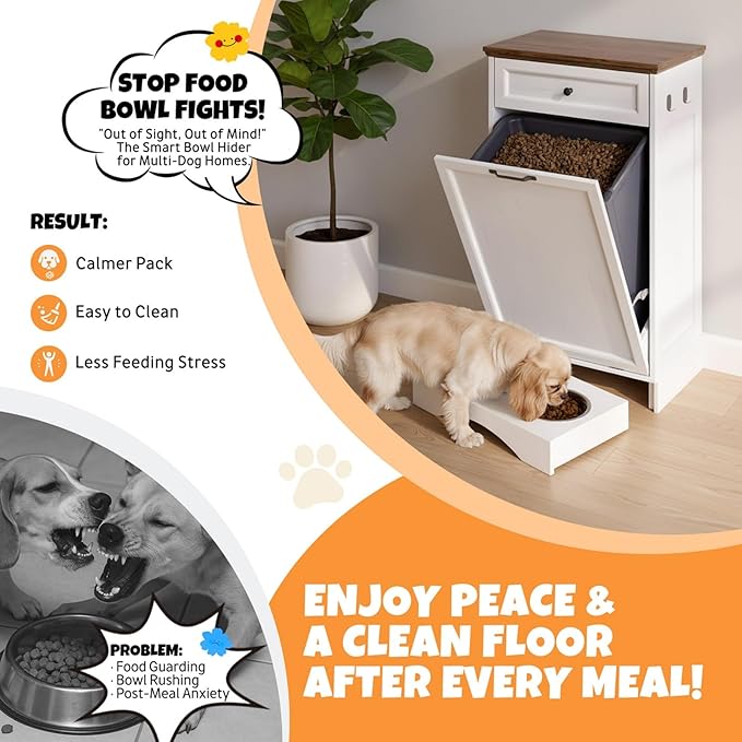 Tilt Out Trash Can Cabinet with Dog Bowl, 13 Gallons Dog Food Storage Cabinet, Hidden Trash Can Cabinet with Hideaway Drawer for Kitchen, Living Room (White, Single Door)