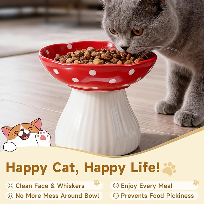 Mushroom Cat Bowl, Elevated Cat Food Bowl, Cute Bowls - Lead & Cadmium Free Ceramic, Red