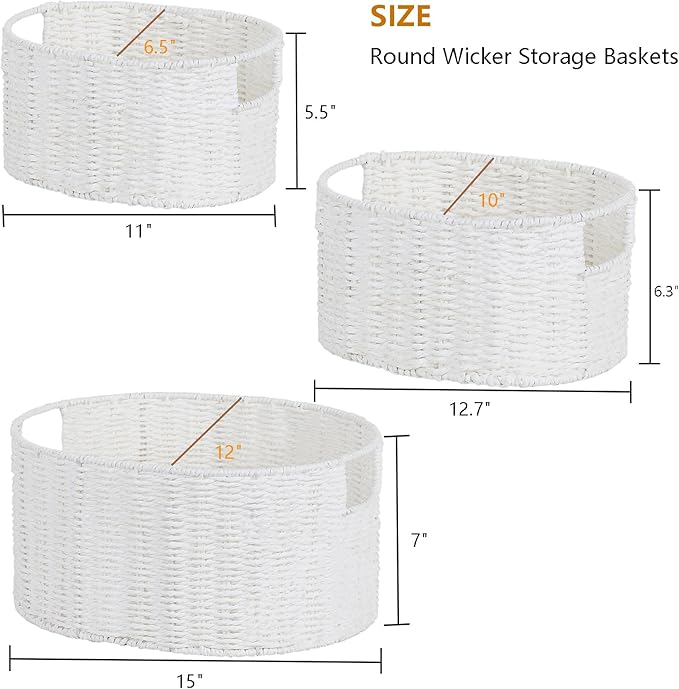 Vagusicc Wicker Storage Basket, Set of 3 Hand-Woven Paper Rope Storage Baskets for Organizing, Round Storage Basket With Handles, Large Wicker Storage Organizer Bins Baskets for Shelves & Decor, White