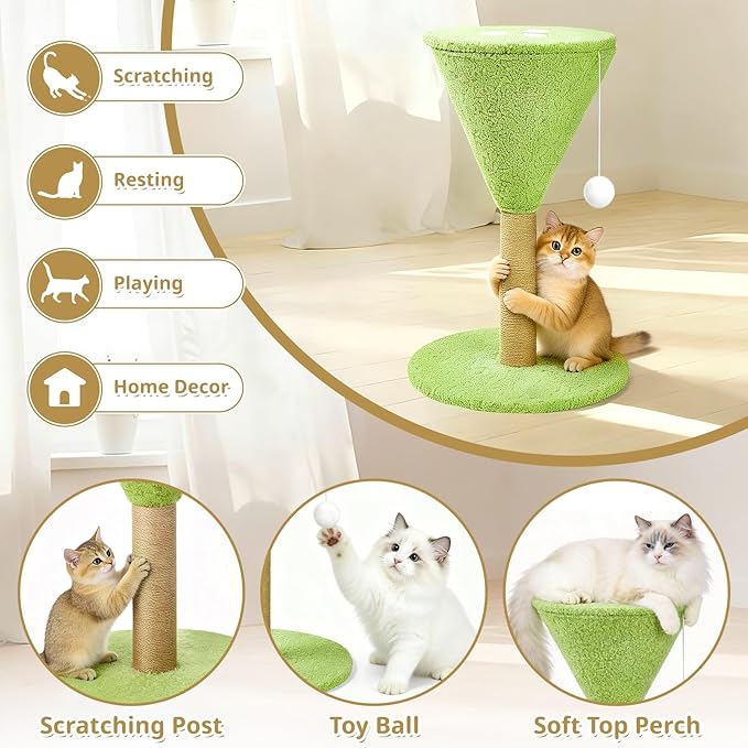 Green Martini Cat Scratcher 19.7" Tall Scratching Post with Interactive Ball and Perch Natural Sisal Rope Decorative Martini Glass Tree Tower for Indoor Kittens Small, Medium, and Large Cat