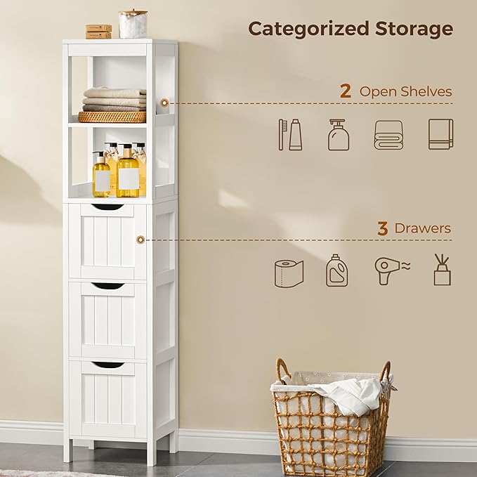 Yaheetech 56” Tall Bathroom Storage Cabinet, Slim Storage Organizer with 3 Drawers & 2 Shelves, Narrow Freestanding Floor Cabinet for Living Room/Hallway/Corner/Small Space, White