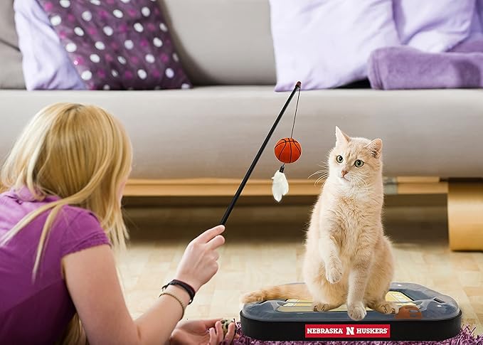 NCAA Nebraska Cornhuskers Basketball Court Cat Scratcher Toy - 6-in-1 Interactive Cat Toy with Catnip-Filled Plush Basketball