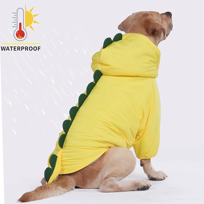 LovinPet Dog Warm Coat with Hood – Medium & Large Dinosaur Hoodie Winter Jacket for Cold Weather, Yellow & Green Coat for Large Dogs,XXL