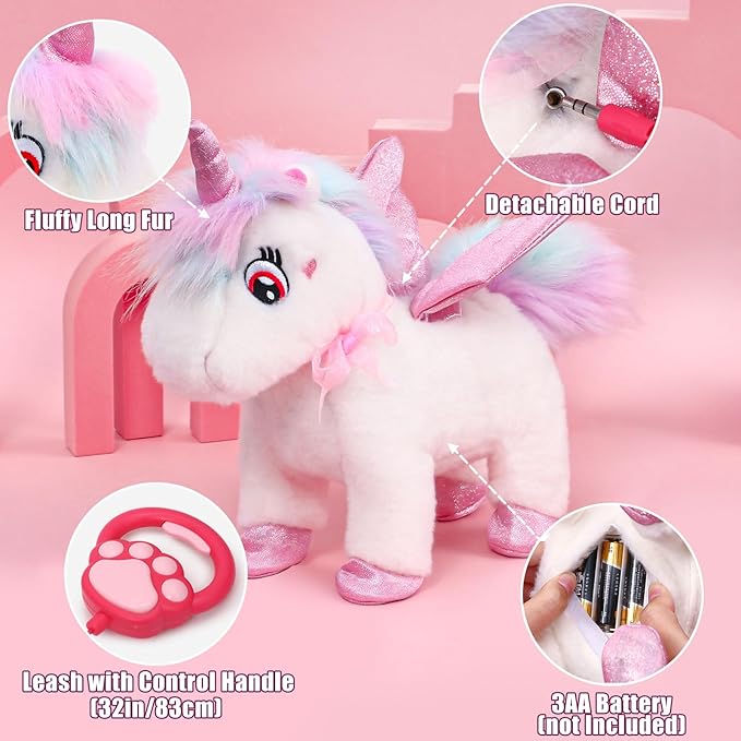 Walking Talking Remote Control Unicorn Toy for Girl Age 4-6, Electronic Interactive Plush Unicorn with Leash & Costume, Pretend Play Pet Care Toy Birthday Gift for Toddler Kid Girl Age 3 4 5 6 7