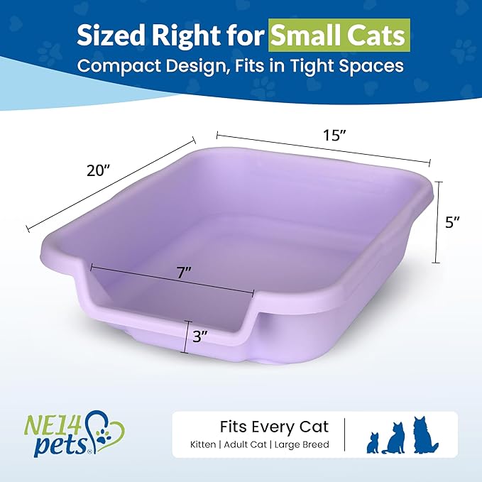 KittyGoHere Senior Cat Litter Box, Small Litter pan with Long-Handle Jumbo Scoop, Open Top Low Entrance Kitty Litters Box, Lightweight Low Entry Litter Box, Durable, Made in USA (Storybook Lavender)