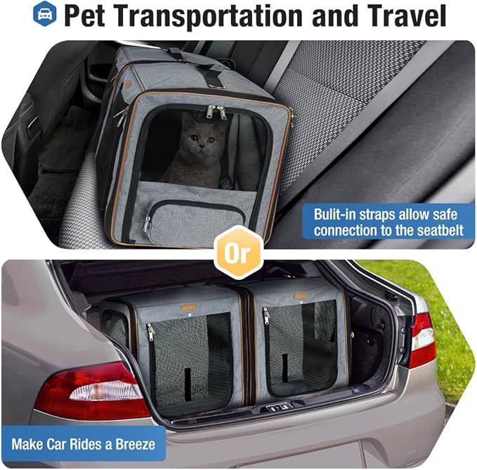 Lekereise 2-in-1 Cat Travel Carrier with Litter Box, (20.85" x2) x19.7"x19.7" Large Cat Carrier with Zipper Locks for Moving Across The Country (No Hammock) - Grey