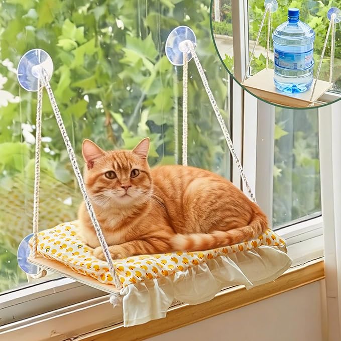 Cat Window Perch, Heavy Duty 20KG/44LB Suction Cup Hammock Bed with Soft Cushion, Secure & Stable Window Mount for Lazy Time, Bird Watching, Safe for Large Cats, 18.9"x14.5" (Yellow Duck)