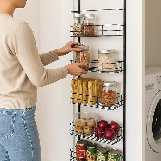 USTECH 6-Tier Heavy Duty Over The Door Pantry Organizer, Metal Hanging Storage Rack with Wired Tubing, Adjustable Shelves for Kitchen, Bathroom, Closet, Space-Saving Design, Black
