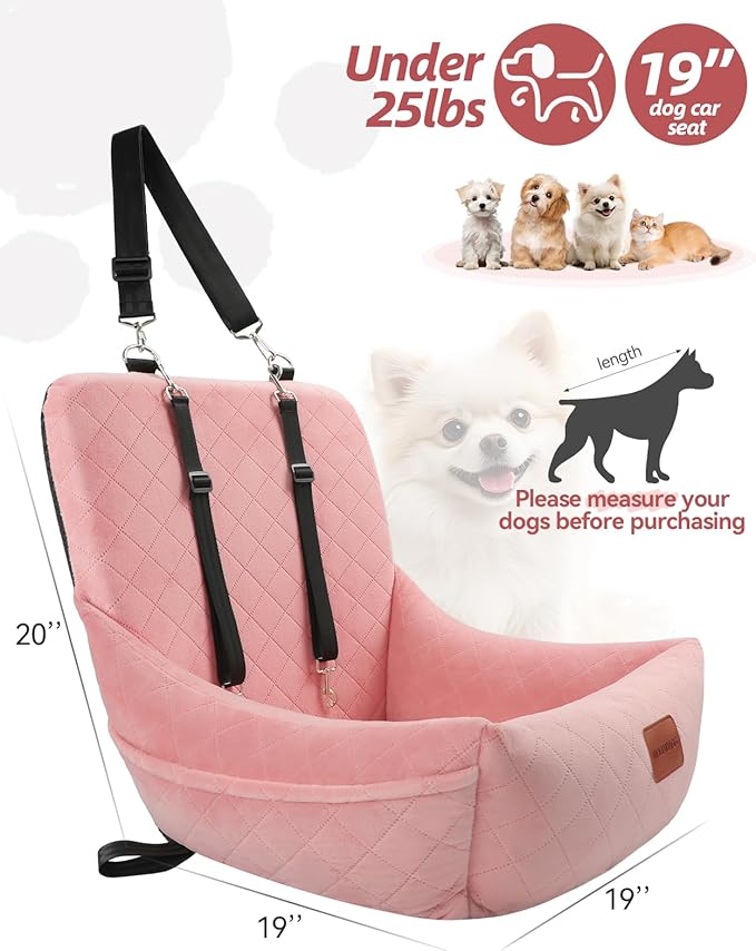 Dog Car Seat,Pet Booste Bed with Seatbelt,Washable Dog Car Travel Bed Easy to Assemble, Clip-On Safety Leash and Storage Pocket (Pink)