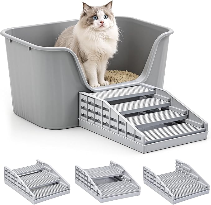 Adjustable Litter Box Step for Cats, 4-Layer Litter Catcher Ramp for Automatic Litters Robot, Cat Stool for Kittens and Senior Cats, Cat Steps for Litterbox Easy Clean (Grey)