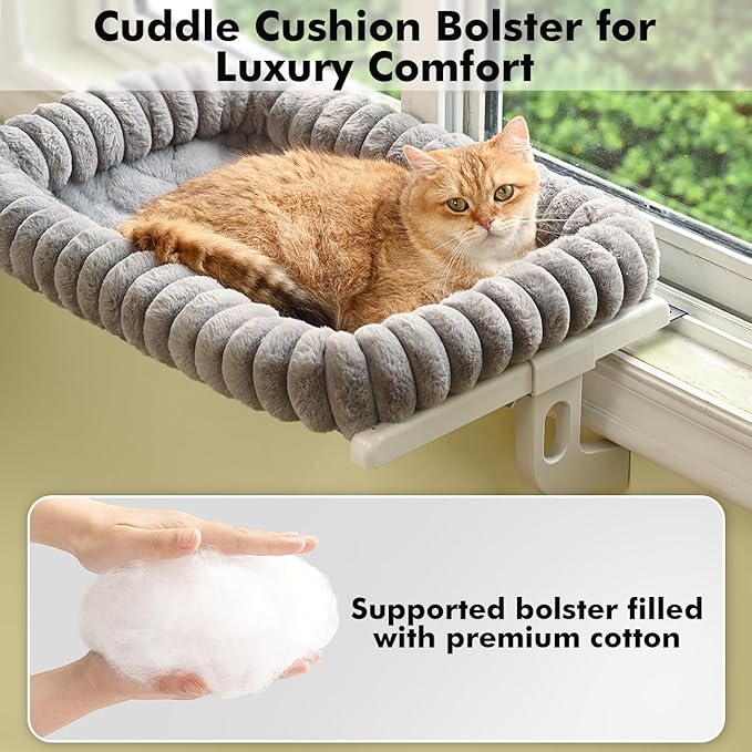 Cloud-Cuddle Cat Window Perch with 4-Sided Bolster, Zipper Design Cushion Window Seat for Window Sill, Sturdy Metal Frame & Easy Assembly Pet Hammock Bed for Indoor Cats (Gray, Large)
